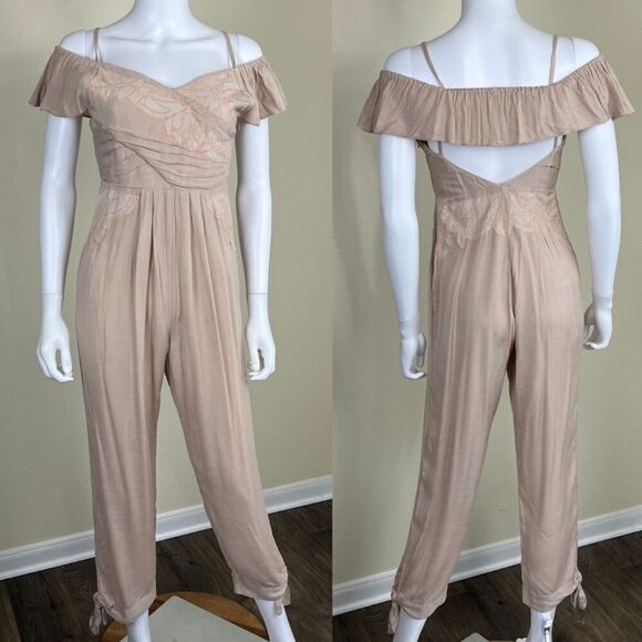 Free People Womens Size 2 Beige The Moment Floral Embroidery Ankle Jumpsuit Boho - Picture 1 of 12
